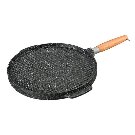 Black grill pan with a wooden handle on a white background