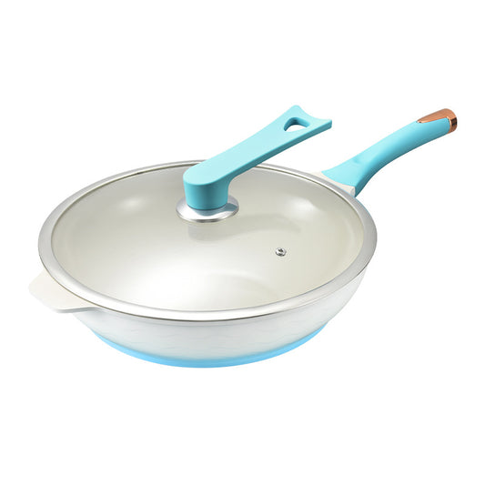 Wok with a lid and blue handle on a white background